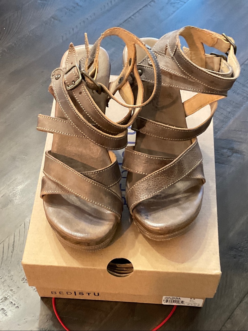 BED|STU Taupe Brown Leather Strappy Wedge Sandals